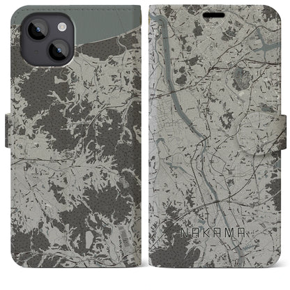 【中間（福岡県）】地図柄iPhoneケース（手帳タイプ）モノトーン・iPhone 14 Plus 用