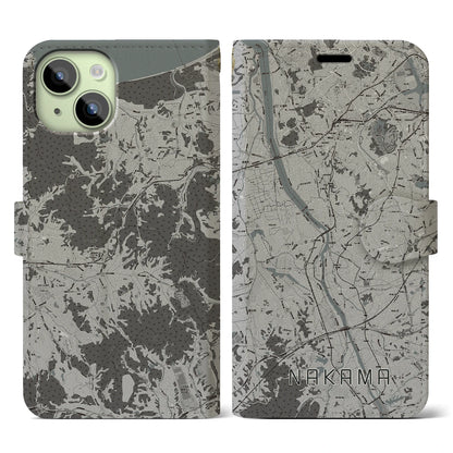 【中間（福岡県）】地図柄iPhoneケース（手帳タイプ）モノトーン・iPhone 15 用