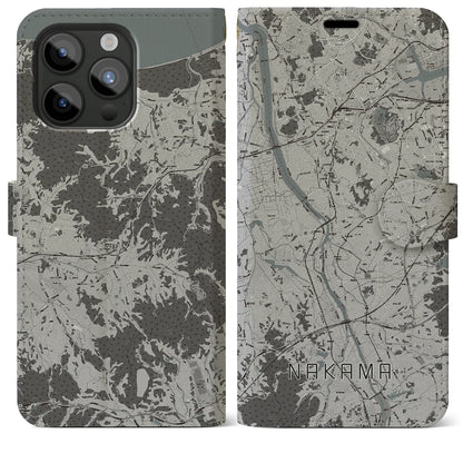 【中間（福岡県）】地図柄iPhoneケース（手帳タイプ）モノトーン・iPhone 15 Pro Max 用