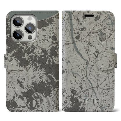 【中間（福岡県）】地図柄iPhoneケース（手帳タイプ）モノトーン・iPhone 15 Pro 用