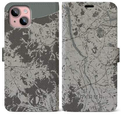 【中間（福岡県）】地図柄iPhoneケース（手帳タイプ）モノトーン・iPhone 15 Plus 用