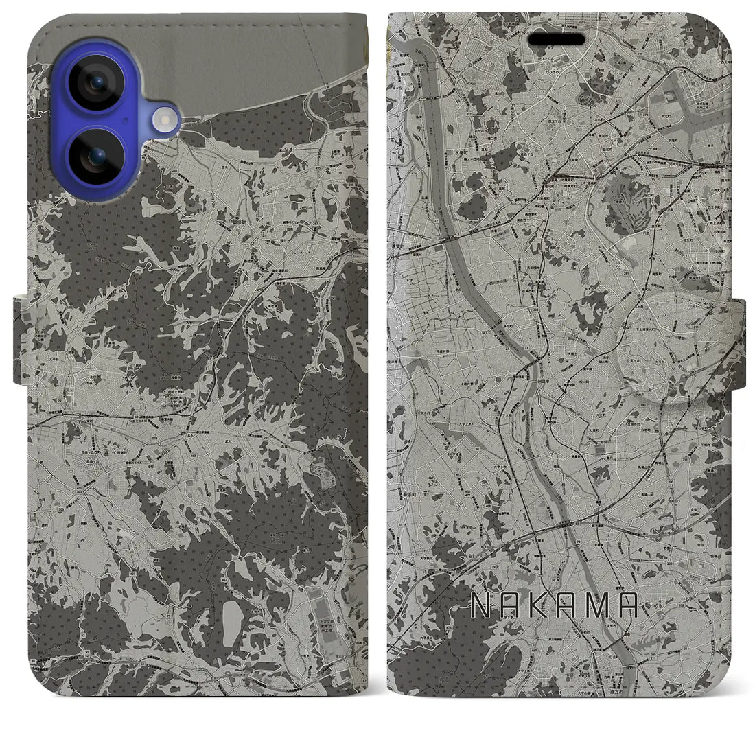 【中間(福岡県)】地図柄iPhoneケース(手帳タイプ)モノトーン・iPhone 16 Pro Max 用