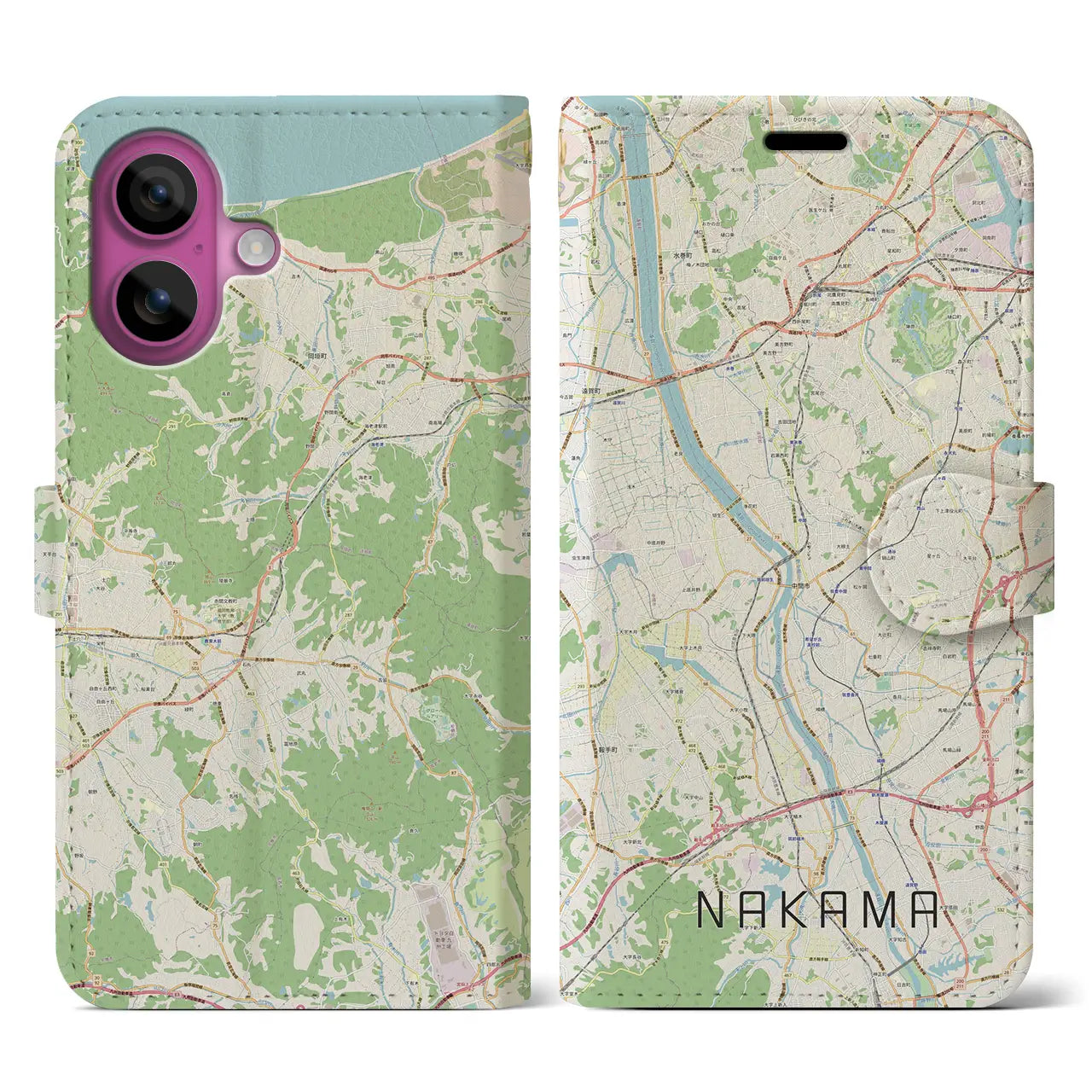 【中間（福岡県）】地図柄iPhoneケース（手帳タイプ）ナチュラル・iPhone 16 Pro 用