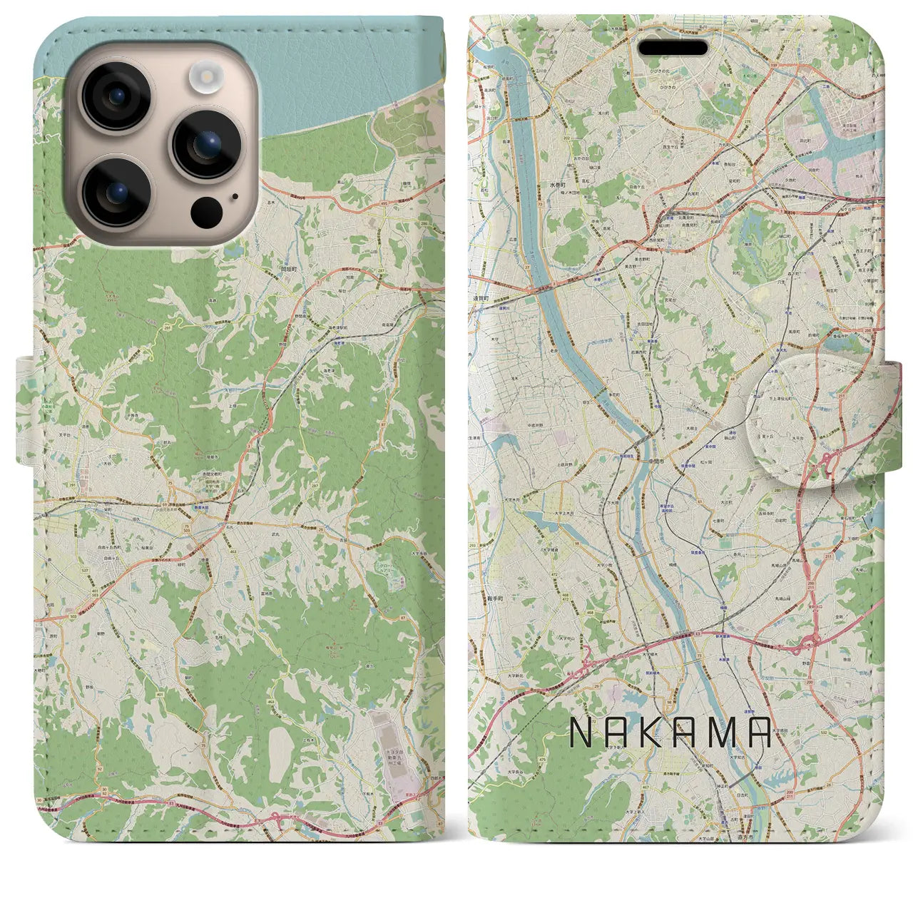 【中間（福岡県）】地図柄iPhoneケース（手帳タイプ）ナチュラル・iPhone 16 Plus 用