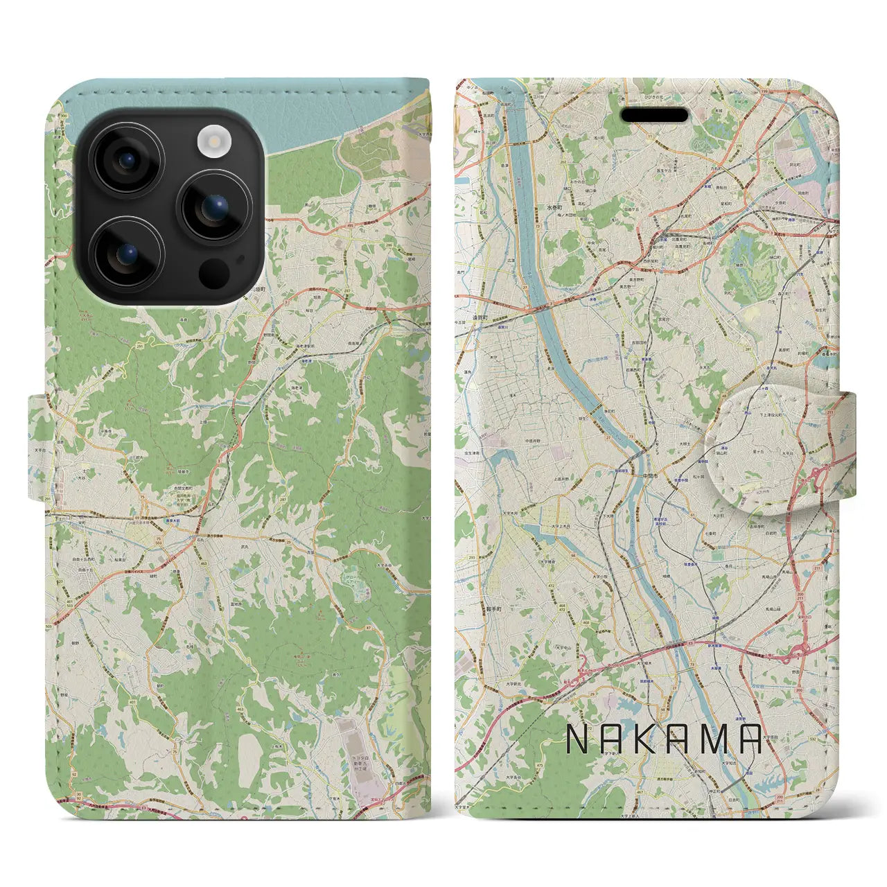 【中間（福岡県）】地図柄iPhoneケース（手帳タイプ）ナチュラル・iPhone 16 用