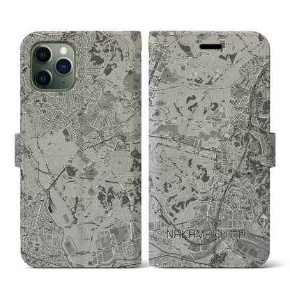 【仲町台（神奈川県）】地図柄iPhoneケース（手帳タイプ）モノトーン・iPhone 11 Pro 用