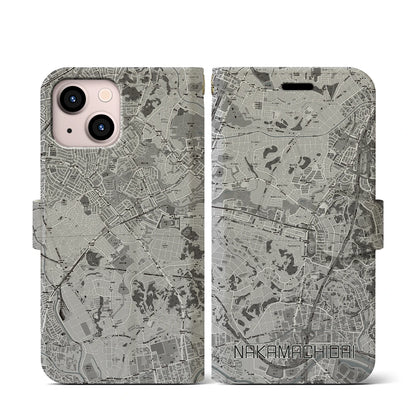 【仲町台（神奈川県）】地図柄iPhoneケース（手帳タイプ）モノトーン・iPhone 13 mini 用