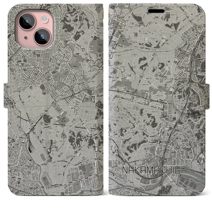 【仲町台（神奈川県）】地図柄iPhoneケース（手帳タイプ）モノトーン・iPhone 15 Plus 用