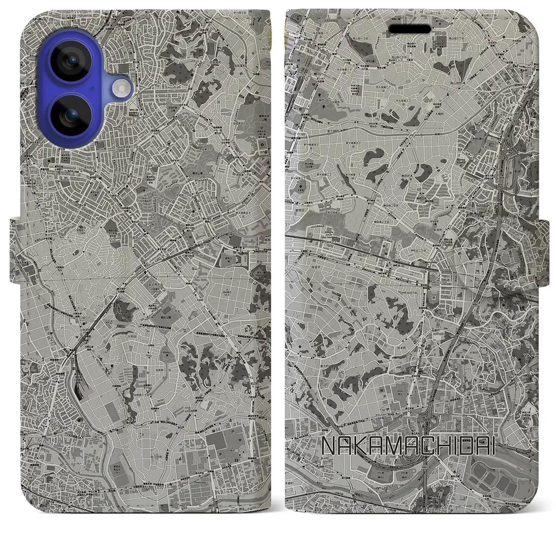 【仲町台(神奈川県)】地図柄iPhoneケース(手帳タイプ)モノトーン・iPhone 16 Pro Max 用