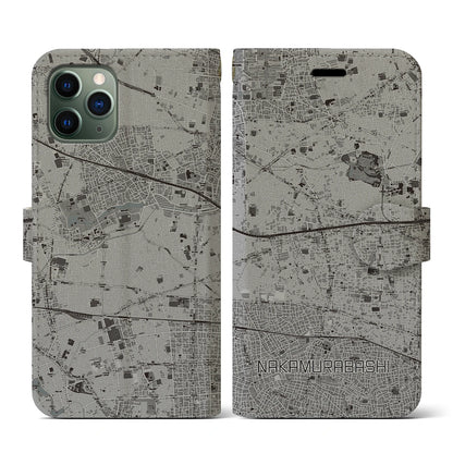 【中村橋（東京都）】地図柄iPhoneケース（手帳タイプ）モノトーン・iPhone 11 Pro 用