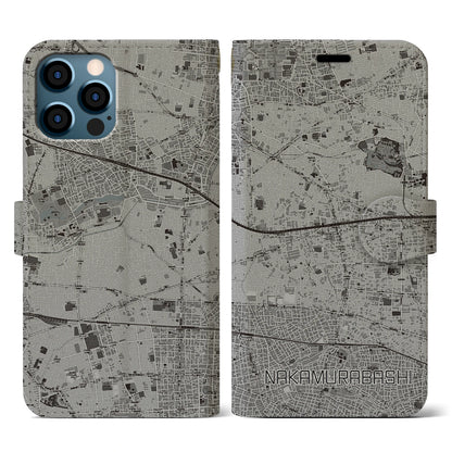 【中村橋（東京都）】地図柄iPhoneケース（手帳タイプ）モノトーン・iPhone 12 / 12 Pro 用