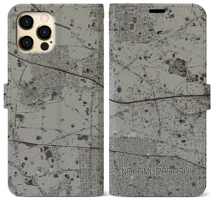 【中村橋（東京都）】地図柄iPhoneケース（手帳タイプ）モノトーン・iPhone 12 Pro Max 用