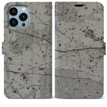 【中村橋（東京都）】地図柄iPhoneケース（手帳タイプ）モノトーン・iPhone 13 Pro Max 用