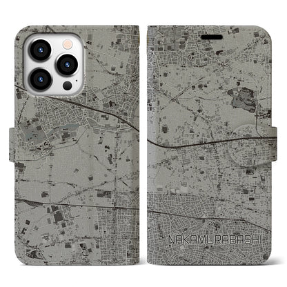 【中村橋（東京都）】地図柄iPhoneケース（手帳タイプ）モノトーン・iPhone 13 Pro 用