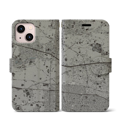 【中村橋（東京都）】地図柄iPhoneケース（手帳タイプ）モノトーン・iPhone 13 mini 用