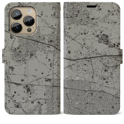 【中村橋（東京都）】地図柄iPhoneケース（手帳タイプ）モノトーン・iPhone 14 Pro Max 用