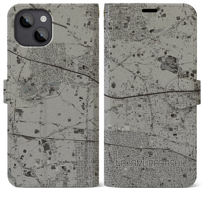 【中村橋（東京都）】地図柄iPhoneケース（手帳タイプ）モノトーン・iPhone 14 Plus 用