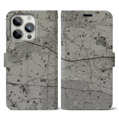 【中村橋（東京都）】地図柄iPhoneケース（手帳タイプ）モノトーン・iPhone 15 Pro 用