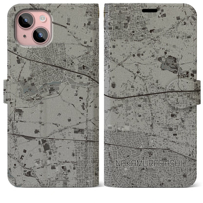 【中村橋（東京都）】地図柄iPhoneケース（手帳タイプ）モノトーン・iPhone 15 Plus 用