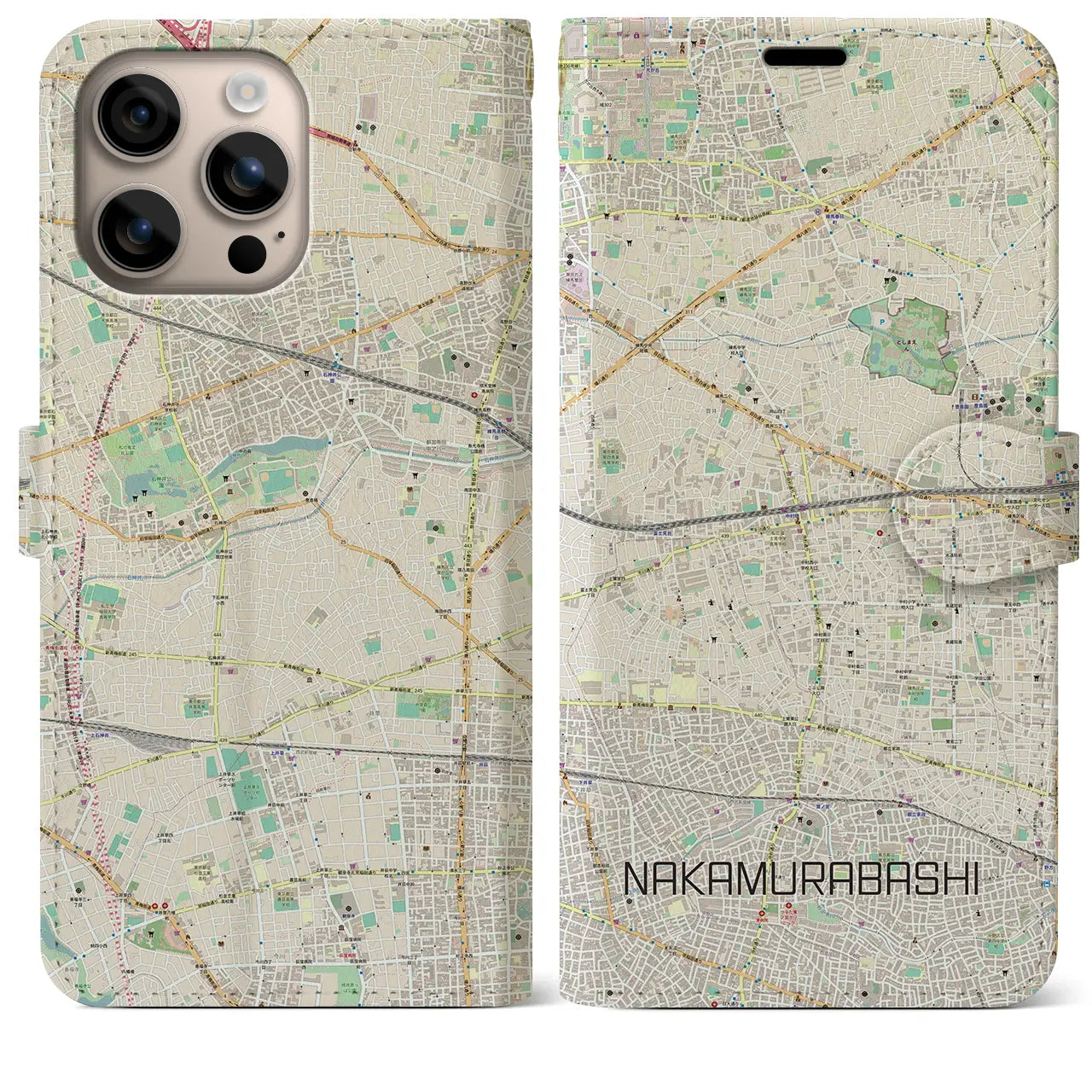 【中村橋（東京都）】地図柄iPhoneケース（手帳タイプ）ナチュラル・iPhone 16 Plus 用