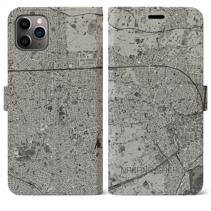 【中野坂上（東京都）】地図柄iPhoneケース（手帳タイプ）モノトーン・iPhone 11 Pro Max 用