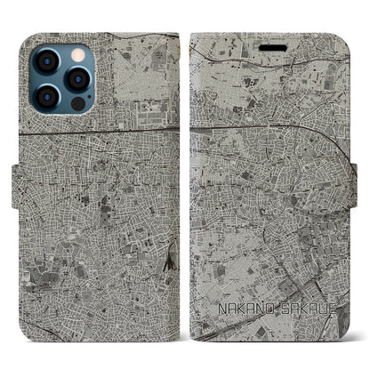 【中野坂上（東京都）】地図柄iPhoneケース（手帳タイプ）モノトーン・iPhone 12 / 12 Pro 用
