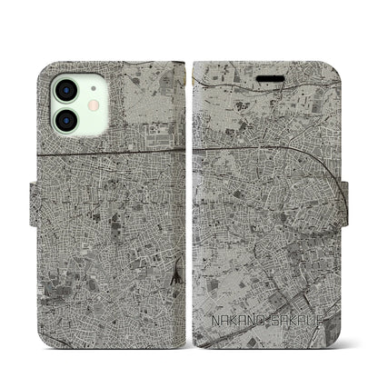 【中野坂上（東京都）】地図柄iPhoneケース（手帳タイプ）モノトーン・iPhone 12 mini 用