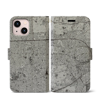 【中野坂上（東京都）】地図柄iPhoneケース（手帳タイプ）モノトーン・iPhone 13 mini 用