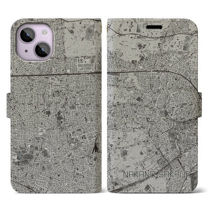 【中野坂上（東京都）】地図柄iPhoneケース（手帳タイプ）モノトーン・iPhone 14 用