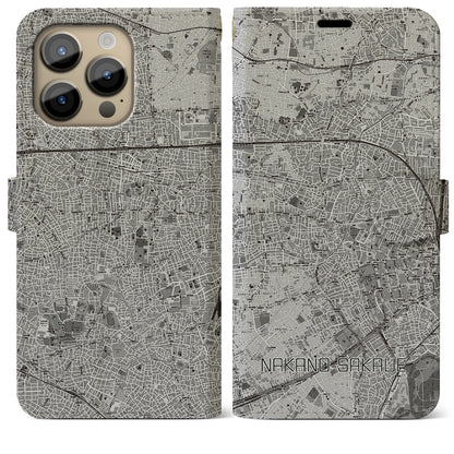 【中野坂上（東京都）】地図柄iPhoneケース（手帳タイプ）モノトーン・iPhone 14 Pro Max 用