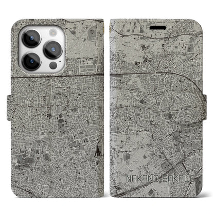 【中野坂上（東京都）】地図柄iPhoneケース（手帳タイプ）モノトーン・iPhone 14 Pro 用