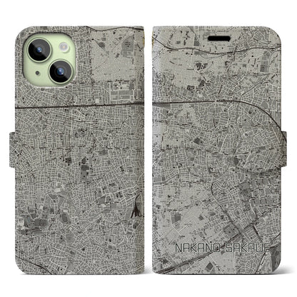 【中野坂上（東京都）】地図柄iPhoneケース（手帳タイプ）モノトーン・iPhone 15 用
