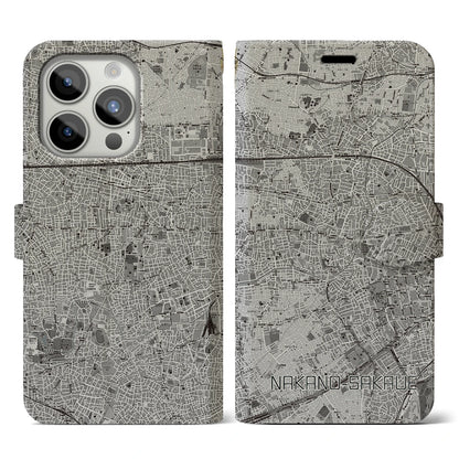 【中野坂上（東京都）】地図柄iPhoneケース（手帳タイプ）モノトーン・iPhone 15 Pro 用