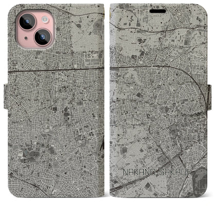 【中野坂上（東京都）】地図柄iPhoneケース（手帳タイプ）モノトーン・iPhone 15 Plus 用