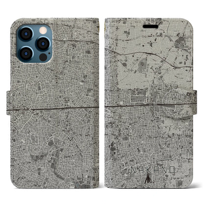 【中野2（東京都）】地図柄iPhoneケース（手帳タイプ）モノトーン・iPhone 12 / 12 Pro 用