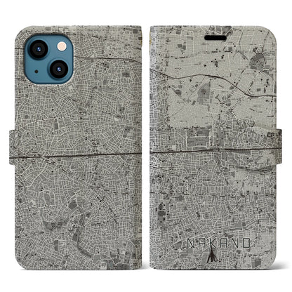 【中野2（東京都）】地図柄iPhoneケース（手帳タイプ）モノトーン・iPhone 13 用