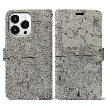 【中野2（東京都）】地図柄iPhoneケース（手帳タイプ）モノトーン・iPhone 13 Pro 用