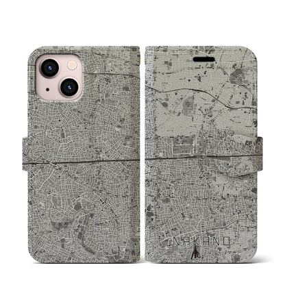 【中野2（東京都）】地図柄iPhoneケース（手帳タイプ）モノトーン・iPhone 13 mini 用