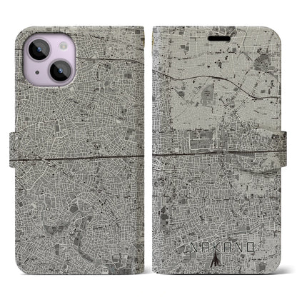 【中野2（東京都）】地図柄iPhoneケース（手帳タイプ）モノトーン・iPhone 14 用