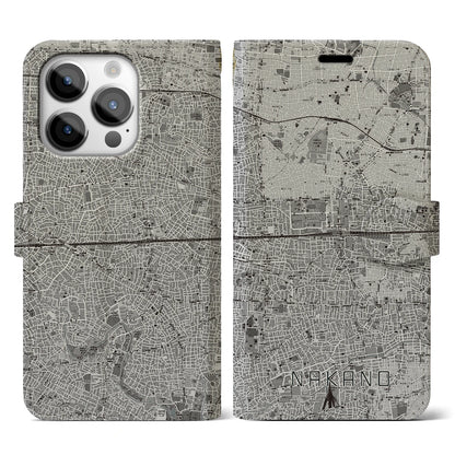 【中野2（東京都）】地図柄iPhoneケース（手帳タイプ）モノトーン・iPhone 14 Pro 用