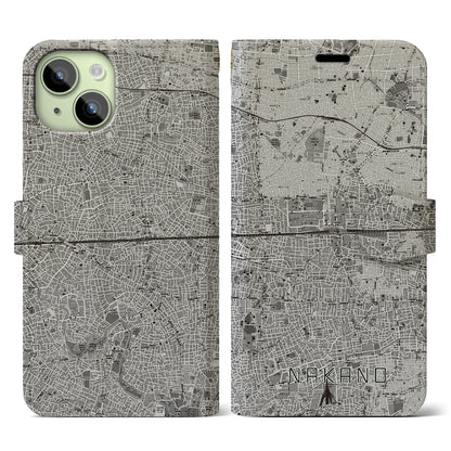 【中野2（東京都）】地図柄iPhoneケース（手帳タイプ）モノトーン・iPhone 15 用