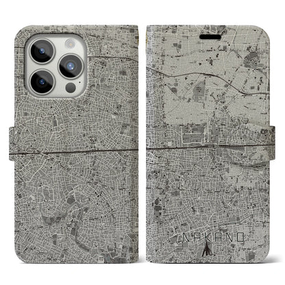 【中野2（東京都）】地図柄iPhoneケース（手帳タイプ）モノトーン・iPhone 15 Pro 用