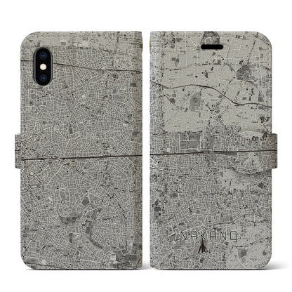 【中野2（東京都）】地図柄iPhoneケース（手帳タイプ）モノトーン・iPhone XS / X 用