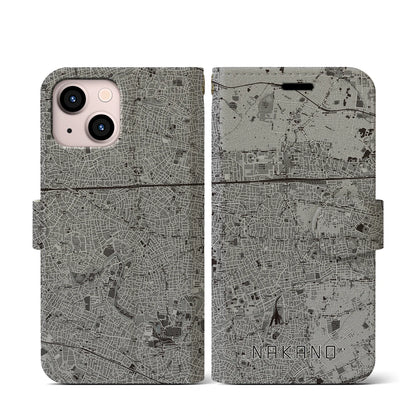 【中野（東京都）】地図柄iPhoneケース（手帳タイプ）モノトーン・iPhone 13 mini 用