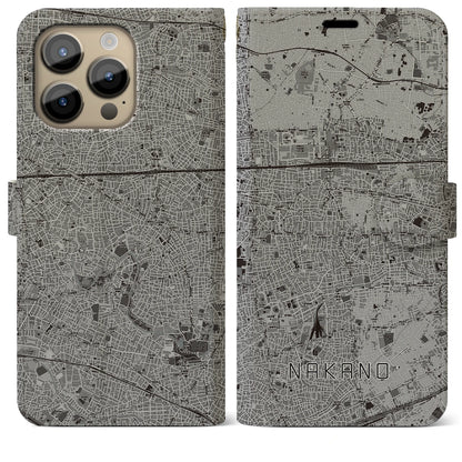 【中野（東京都）】地図柄iPhoneケース（手帳タイプ）モノトーン・iPhone 14 Pro Max 用