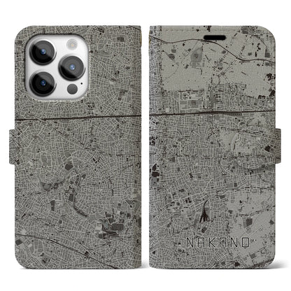【中野（東京都）】地図柄iPhoneケース（手帳タイプ）モノトーン・iPhone 14 Pro 用