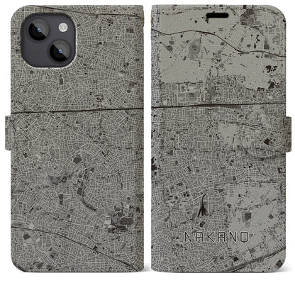 【中野（東京都）】地図柄iPhoneケース（手帳タイプ）モノトーン・iPhone 14 Plus 用