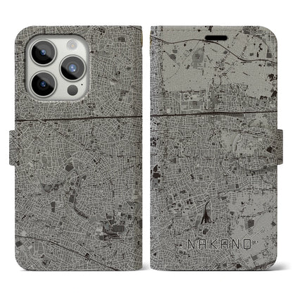 【中野（東京都）】地図柄iPhoneケース（手帳タイプ）モノトーン・iPhone 15 Pro 用