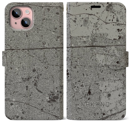【中野（東京都）】地図柄iPhoneケース（手帳タイプ）モノトーン・iPhone 15 Plus 用