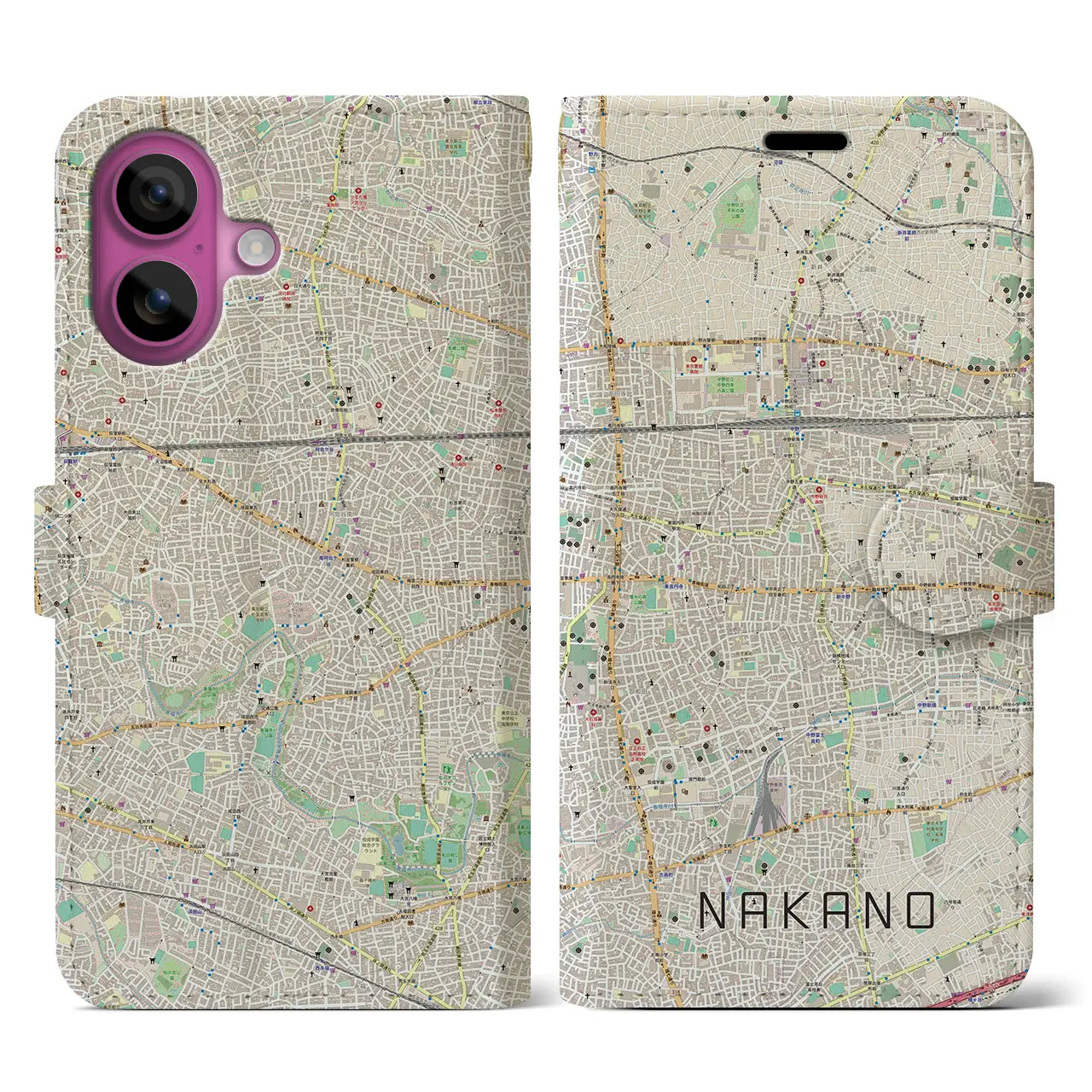 【中野（東京都）】地図柄iPhoneケース（手帳タイプ）ナチュラル・iPhone 16 Pro 用